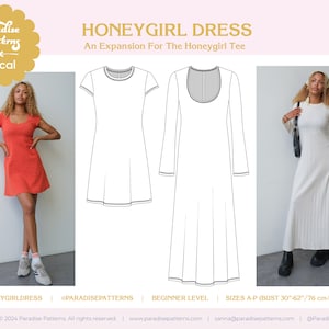 May include: A sewing pattern for a dress called the Honeygirl Dress. The pattern is for sizes A-P, with a bust measurement of 30 to 62 inches or 76 to 157 centimeters. The pattern is labeled as beginner level.