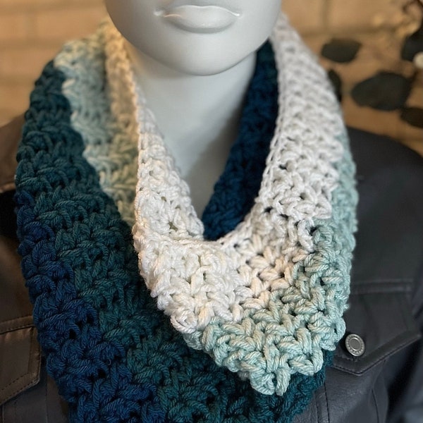 Mountain Blues | Teal, Seafoam and White Ombre Warm, Cozy, Soft Cowl Scarf. | Perfect Accessory for the Fall or Winter. | Handmade |