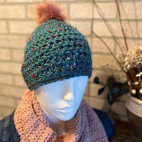 Teal with red, pink, purple, green, blue flecks, Crochet Adult Winter Hat, Beanie