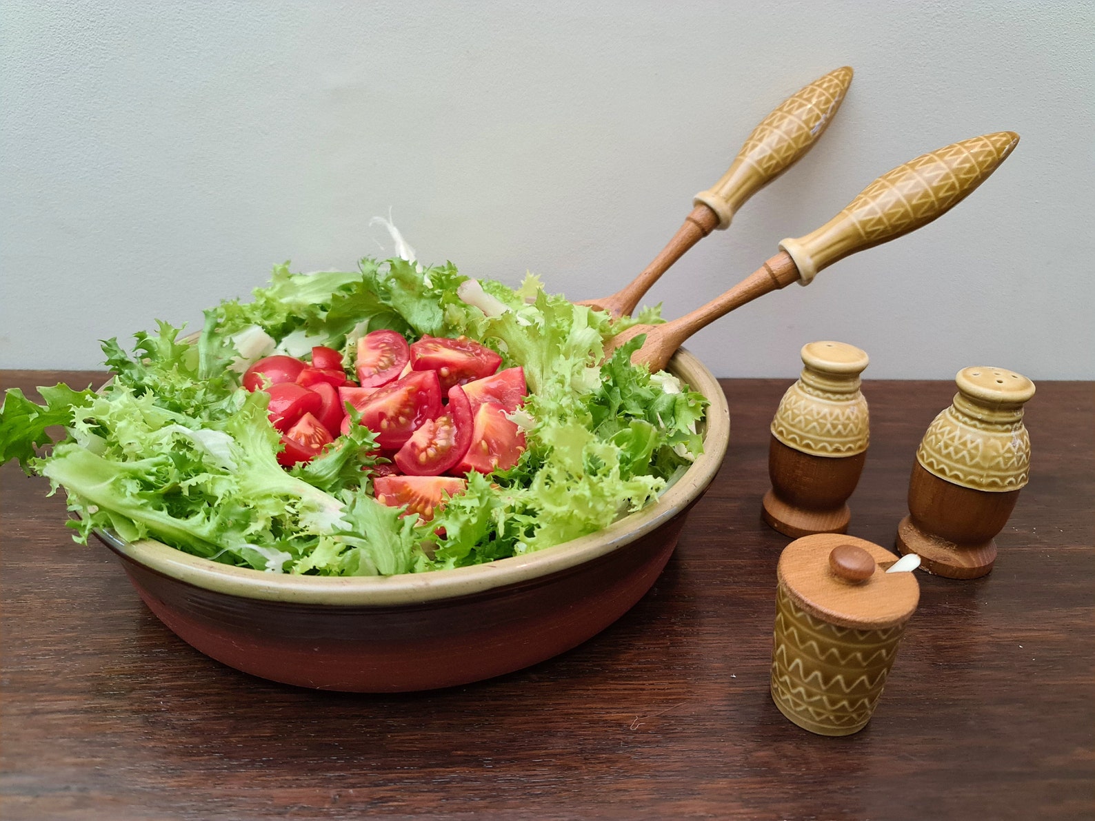 Vintage salad serving set Wood and ceramic salad servers Etsy