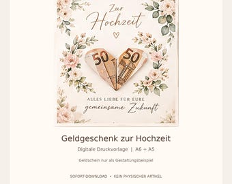 Modelo de presente de casamento em dinheiro para imprimir | Modelo de coração de dinheiro A6 e A5 | Download digital em PDF | Para casamentos