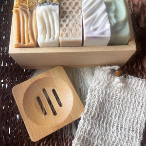 Handmade Soap Gift Set: Variety Pack with Bamboo Dish & Soap Saver