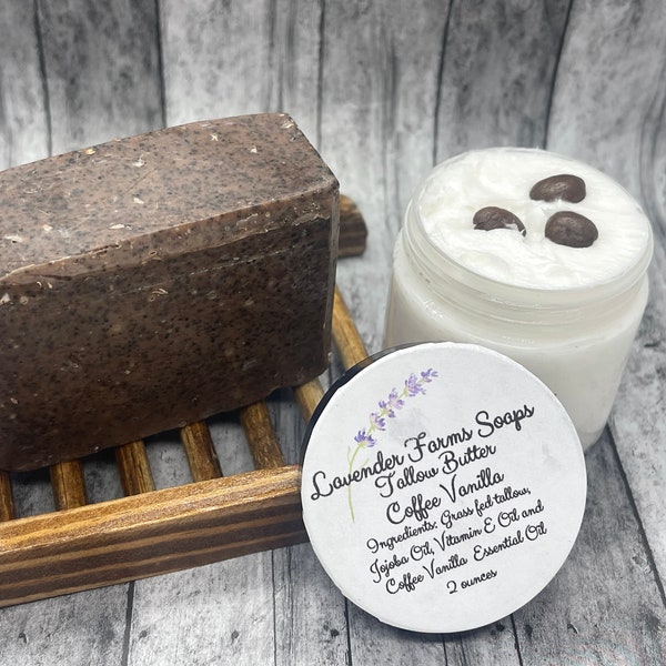 Coffee Lover Gift Set, Exfoliating Coffee Soap, Vanilla Coffee Tallow butter, unique gift, dark roast coffee, wake up soap, fall vibe