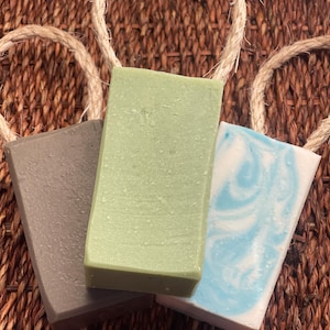 Sisal Rope Soap, Eucalyptus, Pine Tar, Peppermint, Oatmeal Honey, Goat Milk Soap, Natural Grassfed Tallow, French Green Clay, Essential Oil