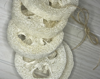 May include: A stack of five natural loofah sponges, tied together with twine. The loofahs are round and have a textured surface.