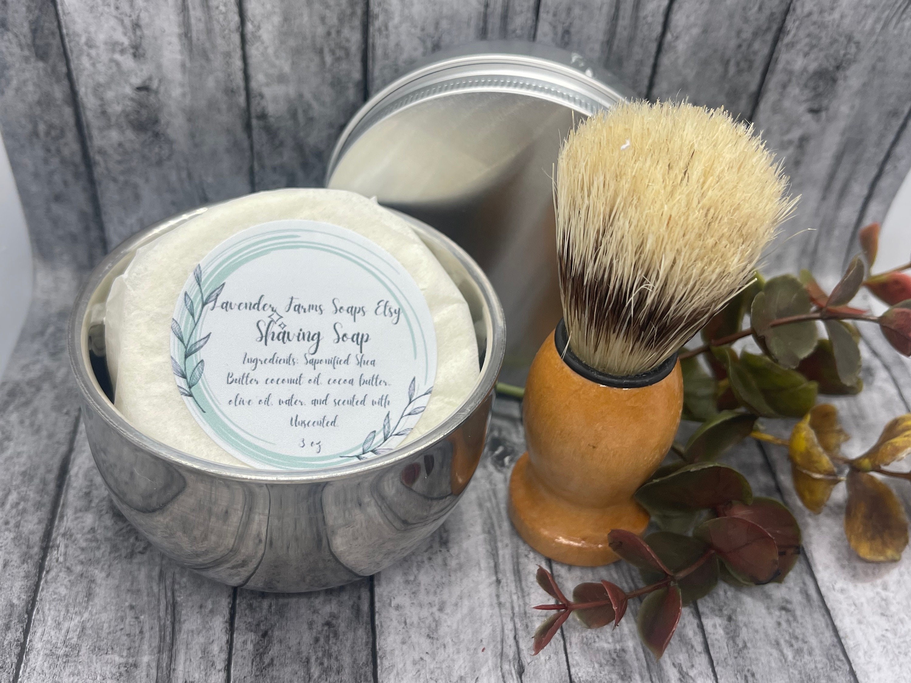 All Natural Shaving Soap Set: Stainless Steel Bowl & Brush