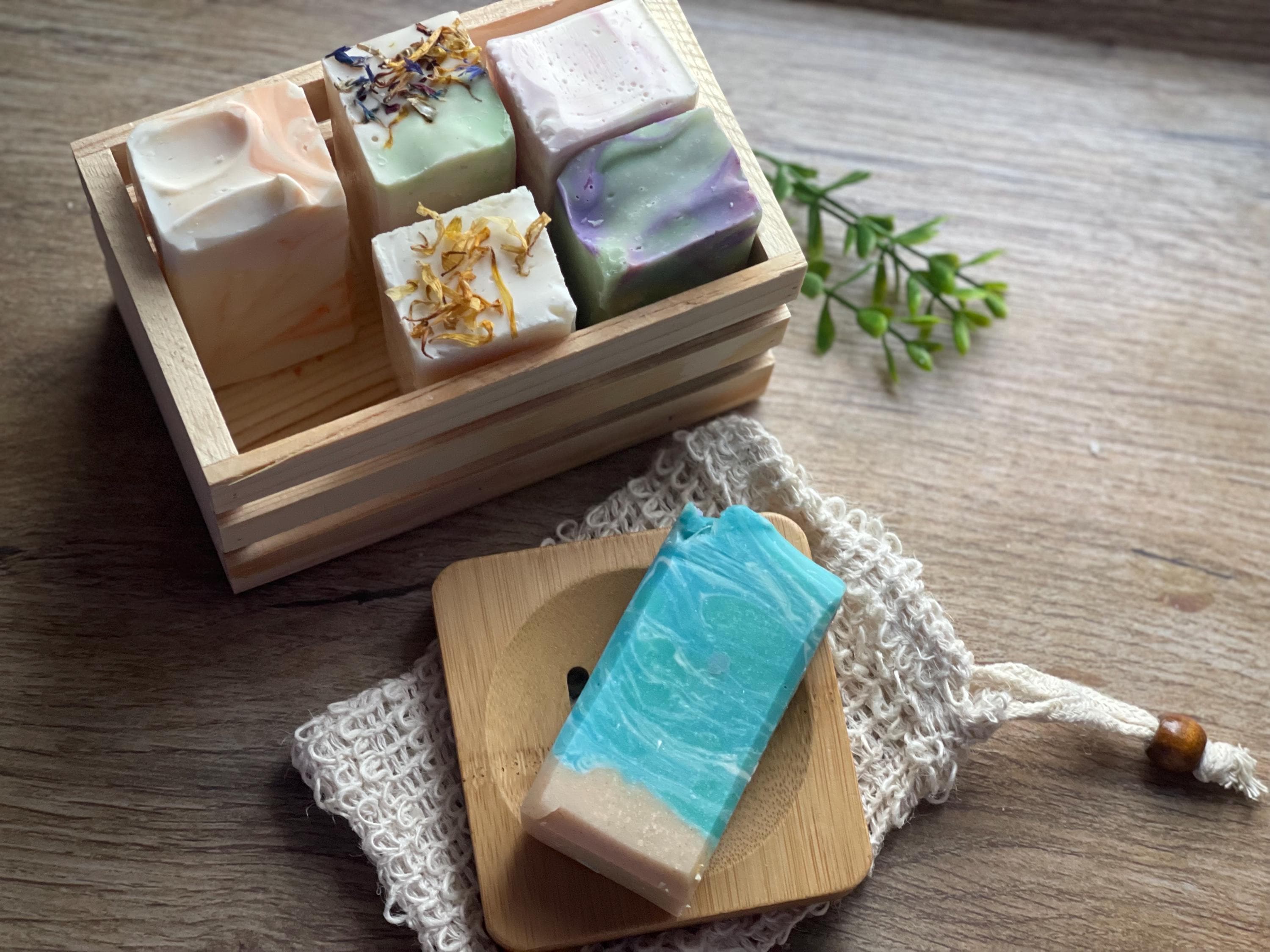 Soap Sample Gift Set, Variety Pack with wooden crate, Bamboo Dish & Soap Saver