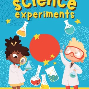 May include: An illustration of two children in lab coats performing science experiments. The illustration is on a blue background with white stars and red and yellow circles. The text "AJ'S CREATIONS DIY science experiments" is at the top of the image. The text "AN E-BOOK CREATED BY A MOM OF TWO BOYS FULL OF FUN EXPERIMENTS TO DO WITH YOUR KIDS AT HOME!" is at the bottom of the image.