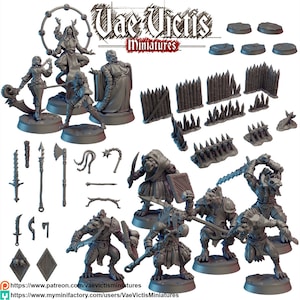 Könnte beinhalten: Ein Set aus 3D-gedruckten Miniaturen für Tabletop-Spiele, mit einer Vielzahl von Charakteren und Zubehör. Das Set enthält eine Zauberin, einen Krieger, eine Klerikerin, einen Schurken, einen Goblin, eine Goblin, einen Goblin-Krieger, eine Goblin-Kriegerin, einen Goblin-Bogenschützen, eine Goblin-Bogenschützin, einen Holzzaun, Spikes, Schwerter, Äxte, Schilde, Bögen, Pfeile, Tränke, Schriftrollen, Münzen, Würfel und Sockel. Die Miniaturen sind alle in Grau bemalt.