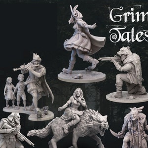 May include: A set of six painted figurines depicting characters from fairy tales. The figurines are posed in various actions, including playing a flute, holding a gun, and riding a wolf. The figurines are painted in shades of grey and white, and the set is titled "Grim Tales".