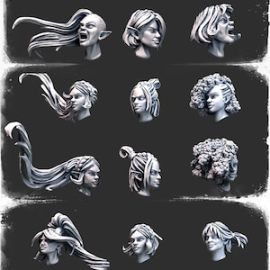 Puede incluir: Un conjunto de 24 cabezas de mujer impresas en 3D con diferentes peinados y expresiones. Las cabezas son todas de color blanco y están diseñadas para su uso en pintura en miniatura u otros proyectos creativos.