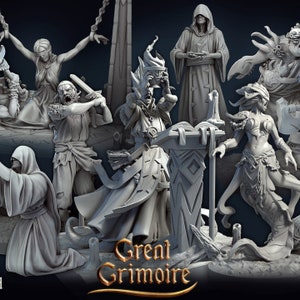 May include: A selection of grey fantasy figurines, including a robed figure, a mermaid-like creature, and a figure with a sword. The figures are arranged in a dynamic composition, with the words "Great Grimoire" at the bottom.