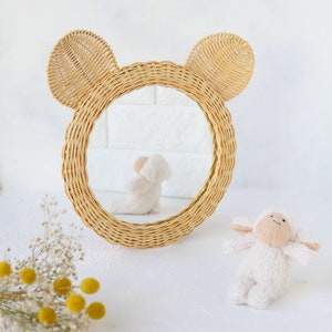 Baby Room Rattan Animal Figure Mirror, Bear Ear, Nursery Gift, Mother's Day