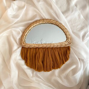 Circle Macrame Rattan Mirror, Boho Half Moon Home Decoration, Wood Wall Art image 4