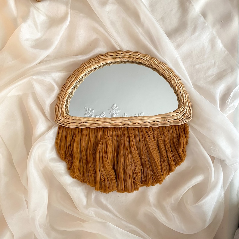 Circle Macrame Rattan Mirror, Boho Half Moon Home Decoration, Wood Wall Art image 4