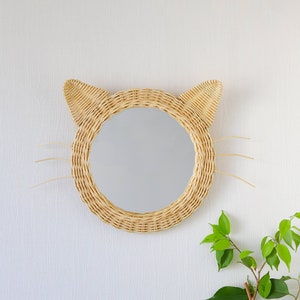 Baby Rattan Animal Figure Mirror, Cat Ear, Nursery Room Decor, Mother Day Gift image 4