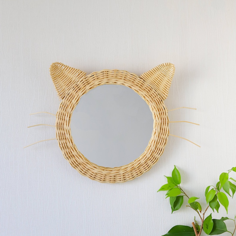 Baby Rattan Animal Figure Mirror, Cat Ear, Nursery Room Decor, Mother Day Gift image 4