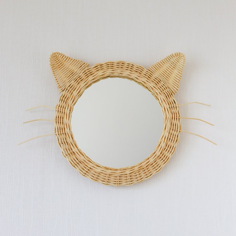 Baby Rattan Animal Figure Mirror, Cat Ear, Nursery Room Decor, Mother Day Gift image 6