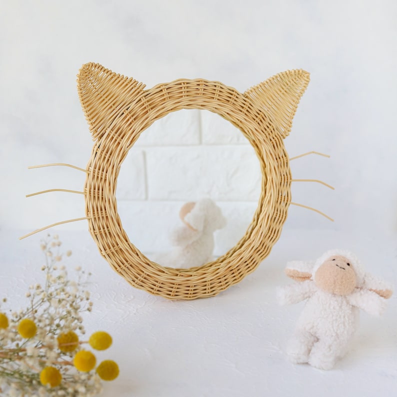 Baby Rattan Animal Figure Mirror, Cat Ear, Nursery Room Decor, Mother Day Gift image 1