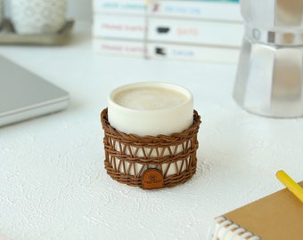 Natural Rattan-Wrapped Ceramic Coffee Mug - Handmade, Sustainable and Elegan, Turkish Coffee