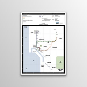 San Diego Trolley Karte -  Vignetten inspiriertes Design! (Mit Blue Line Extension: November 2021 ergänzt!)