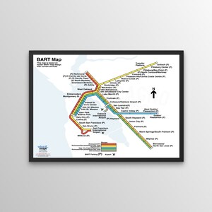 May include: A colorful map of the Bay Area Rapid Transit (BART) system in California. The map shows the different lines and stations, including the names of each station. The map is labeled "BART Map" and includes a compass to indicate north.