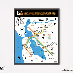 May include: A framed map titled "BooART - Boo Area Rapid Transit Map" with a Halloween theme. The map features a blue body of water, colorful transit lines, and spooky illustrations like bats, spiders, and trees. The map is from Calcagno Maps Company.