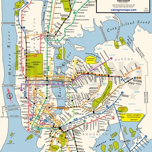 May include: A detailed map of the New York City subway system, featuring colored lines representing different train routes. The map includes labels for stations, parks, and bodies of water, with the text "New York City Subway Transit".