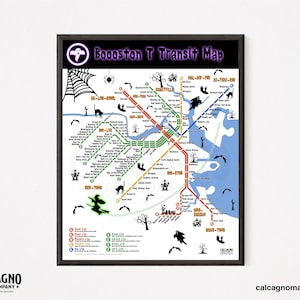 May include: A framed map titled "Boooston T Transit Map" with a Halloween theme. The map features a stylized transit system with spooky illustrations like bats, ghosts, and spiders. The map is in a black frame and includes the Calcagno Maps Company logo.