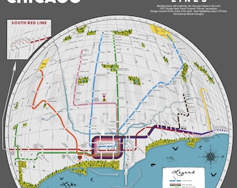Chicago, Curved - Modern CTA map in Classic 1937 Fish-Eye Style