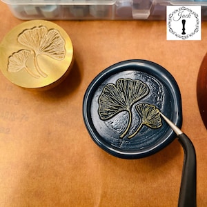 Sello de cera Ginkgo Biloba, cabezal de sello de cera de sellado redondo reemplazable con mango de madera, decoración de tarjeta de invitación, sello de cera
