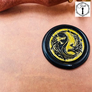 Timbre de cire à cacheter Jack, tête de tampon de cire à cacheter double dragon ronde remplaçable avec manche en bois, décor de carte d'invitation