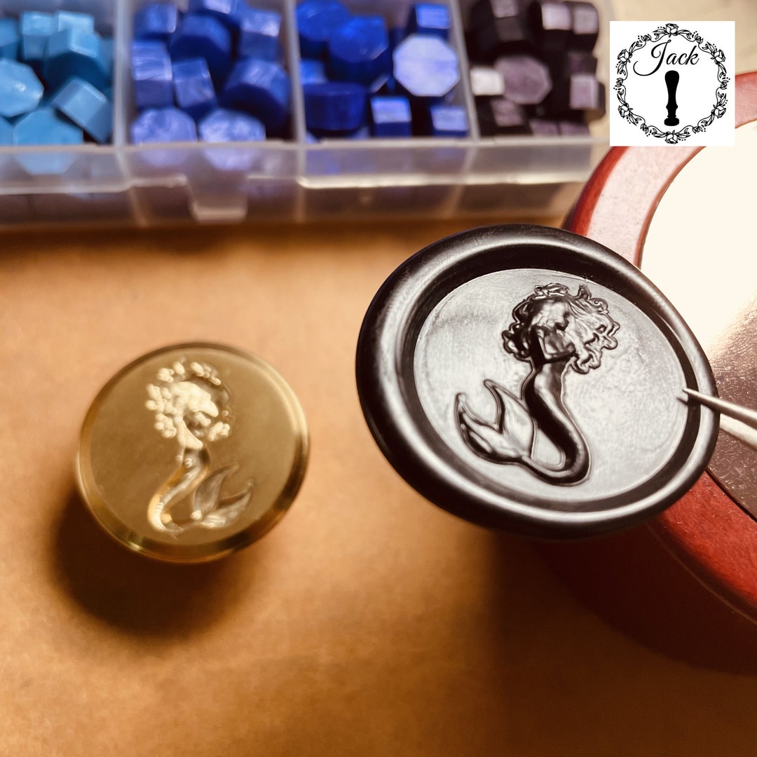 MNYR Vintage Pretty Mermaid Sealing Wax Seal Stamp Kit Melting Spoon Wax Stick Candle Wooden Book Gift Box Set Wedding Invitation Embellishment Holiday Card Gift Wrap Package Gift Idea Seal Stamp Set