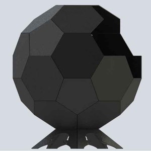 May include: A black metal fire pit shaped like a soccer ball with a hexagonal design. The fire pit has a stand with three legs.