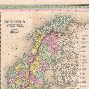 Vintage 1850 Landkarte von Skandinavien: Großformat 4800x7200 Pixel, 200 dpi, 24x36 Zoll geeignet für Einrahmung, Dänemark, Schweden, Finnland, Norwegen