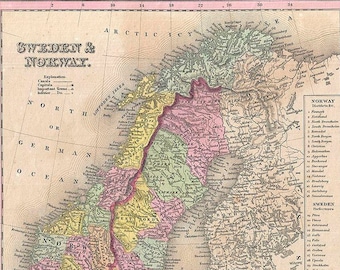 Stara mapa Skandynawii z 1850 r.: Duży format 4800x7200 pikseli, 200 dpi, 24x36 cali, nadaje się do oprawienia, Dania, Szwecja, Finlandia, Norwegia