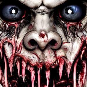 Könnte beinhalten: Nahaufnahme einer erschreckenden, grotesken Maske mit einem breiten, zahnigen Grinsen. Die Maske besteht aus weißen, grauen und roten Materialien und hat ein blutiges, fleischiges Aussehen. Die Augen sind groß und blau, und die Zähne sind spitz und scharf.