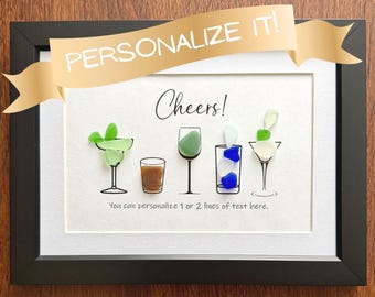 Framed Sea Glass Cheers & Cocktails Art: Personalized Home Bar Decor