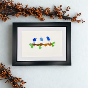 Framed Genuine Sea Glass Bluebirds of Happiness on a Branch Art on 140lb Cotton Paper