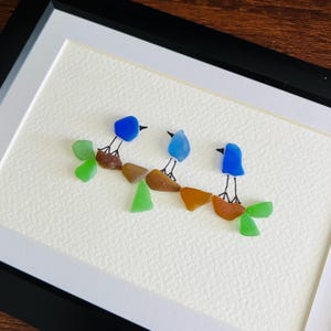 Sea Glass Bird Art: Framed Home Decor, Bluebirds of Happiness on Paper