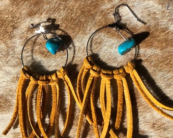 Leather Fringe Hoop Earrings