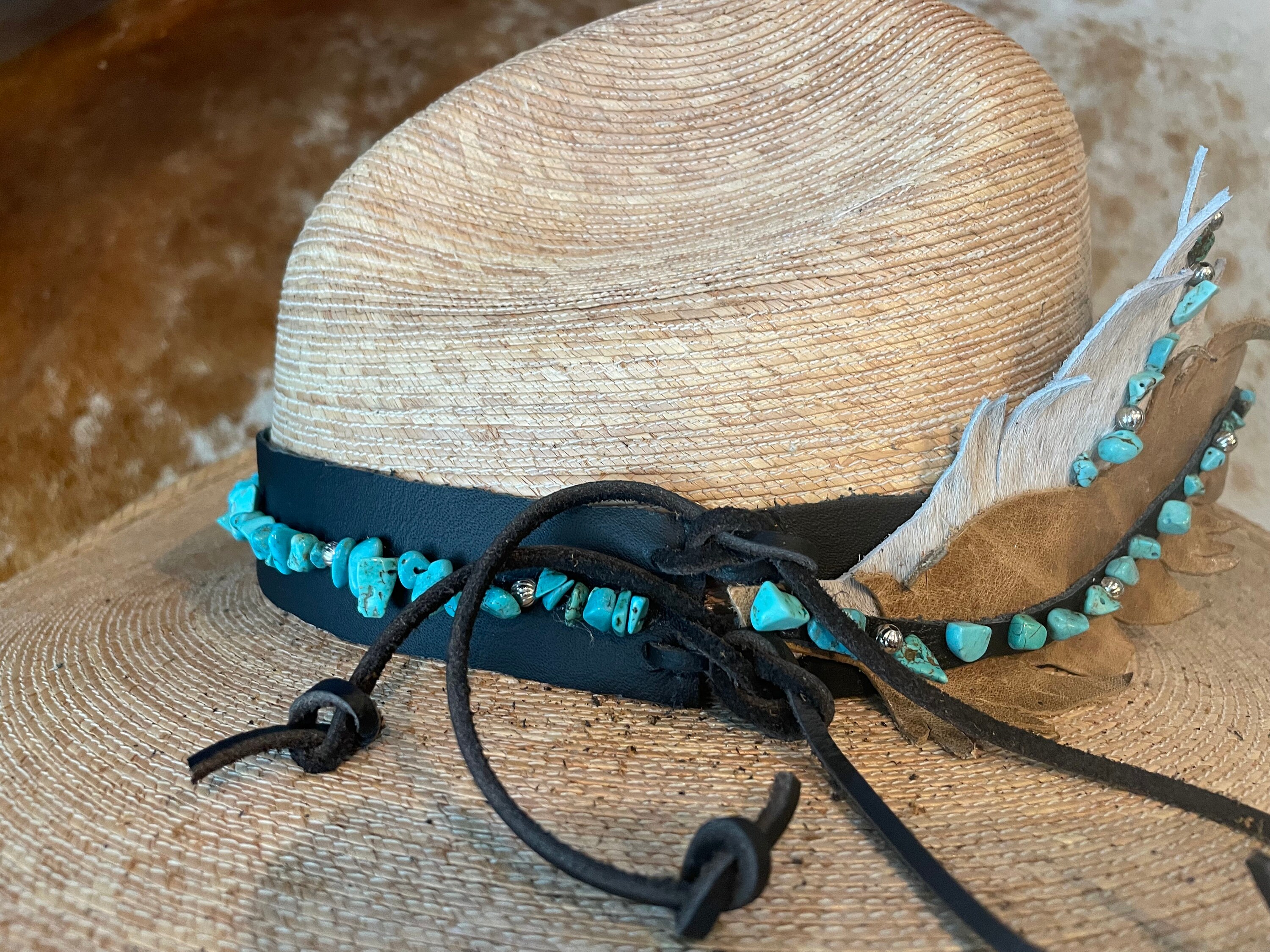 Western Leather Feather Turquoise Boho Hat Band - Etsy
