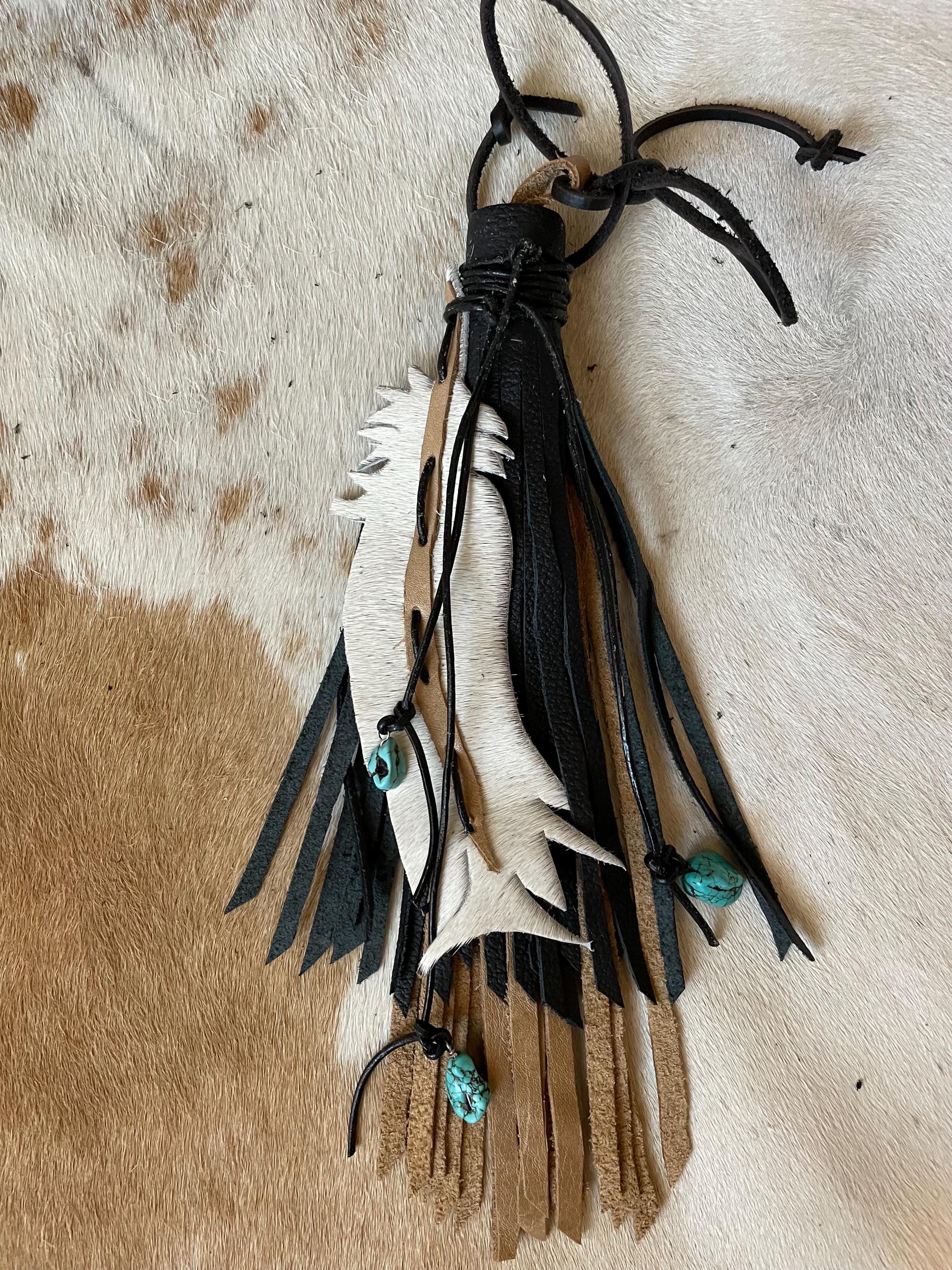 Southwestern Genuine Leather Purse Tassel with cowhide feather