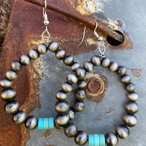 Navajo Pearl and Turquoise Hoop Earrings