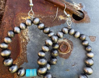 Navajo Pearl and Turquoise Hoop Earrings