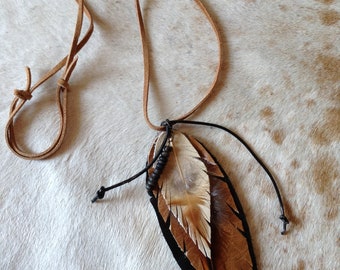 Genuine Leather Necklace With Natural Feather and Beads