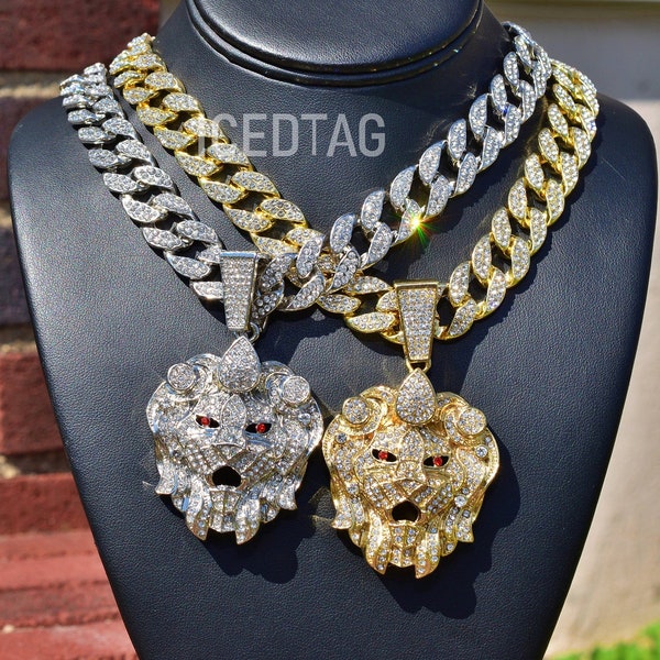 Hip Hop Funky Roar Large Lion Head Pendant Luxury Statement Miami Cuban Necklace Chain Gift Set