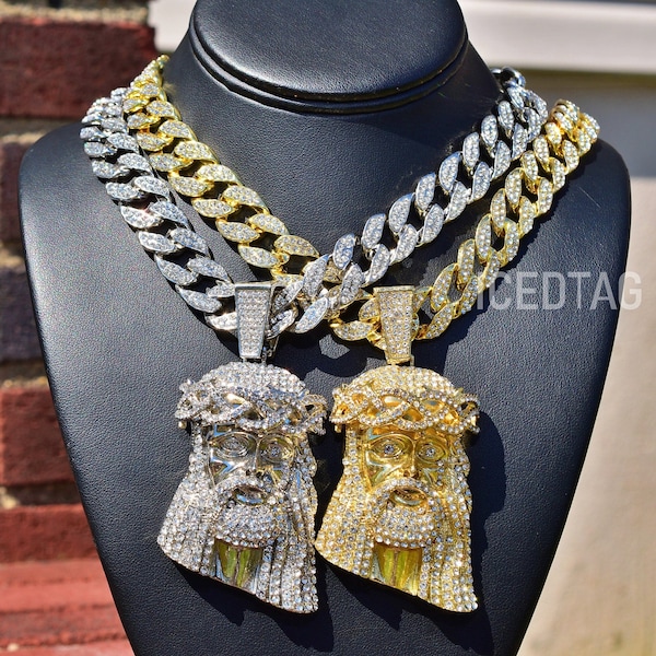 Full Iced Bling-ed Out Cubic Zirconia Diamond Hip Hop Style Jumbo Religious Jesus Head Pendant Luxury Stylish Miami Cuban Necklace Chain Set