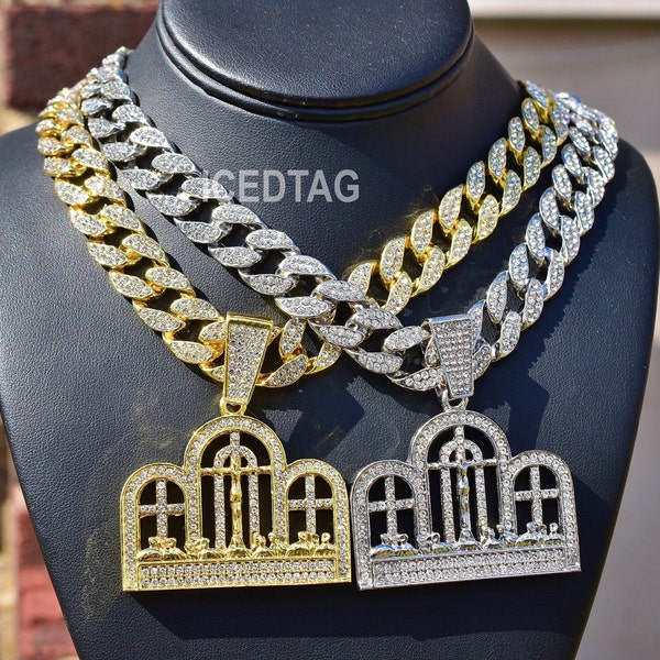 Iced Bling-ed Out Gold/ White Gold Plated Hip Hop Style Jumbo Last Supper Pendant, Luxury Stylish Miami Cuban Necklace Chain Jewelry Men Set