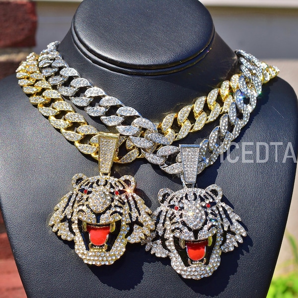 Full Iced Hip Hop Style Jumbo TIGER HEAD Pendant Luxury Stylish ICED Miami Cuban Necklace Chain Set